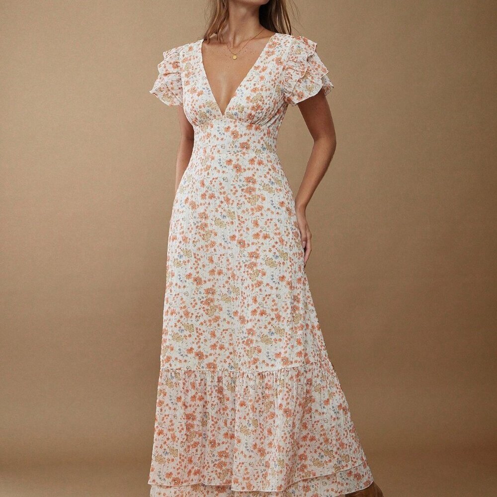 Yellow Floral Print Women's V Neck Maxi Dress with Flutter Sleeve
